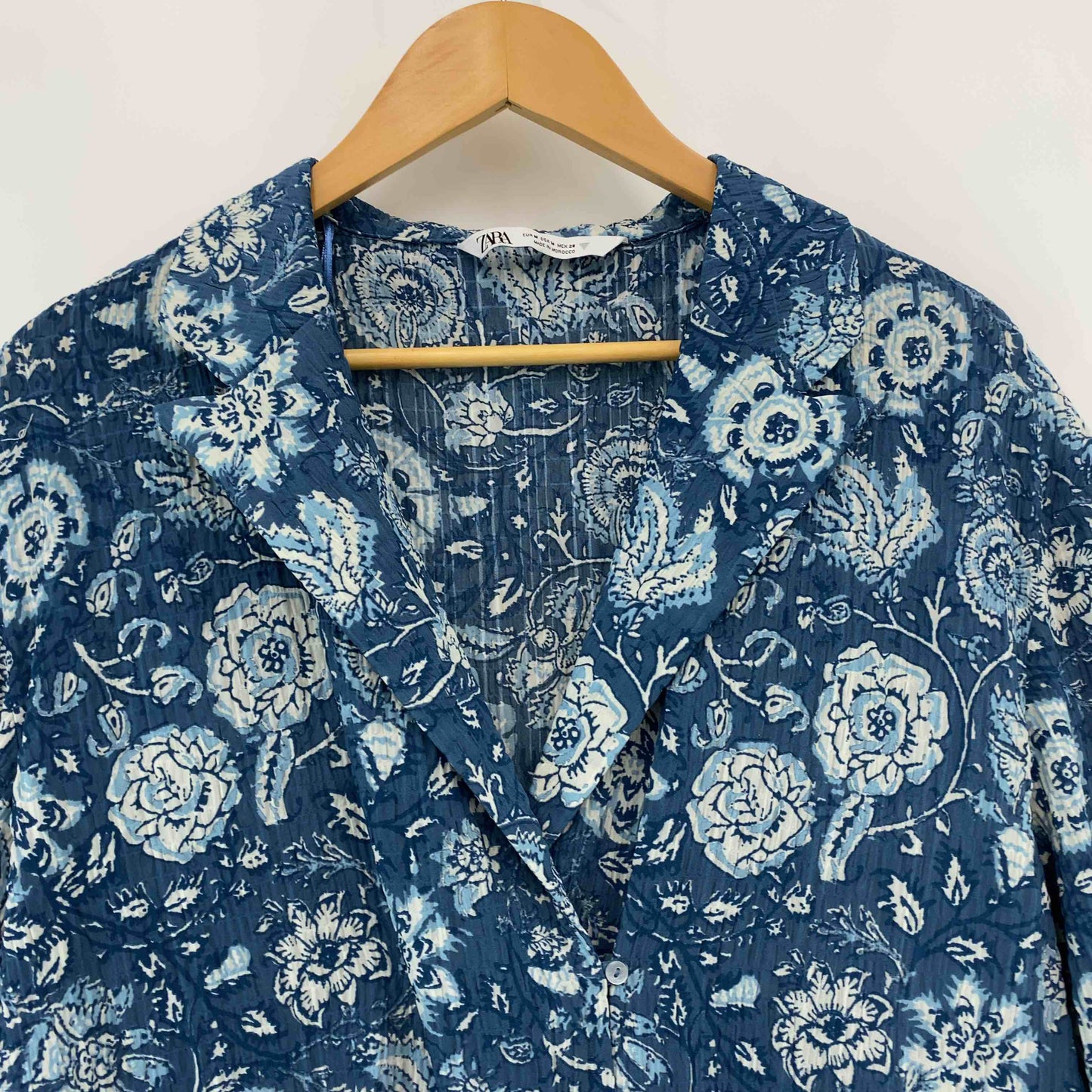 ZARA ザラ レディース 半袖シャツ/ブラウス 開襟シャツ 花柄 ブルー