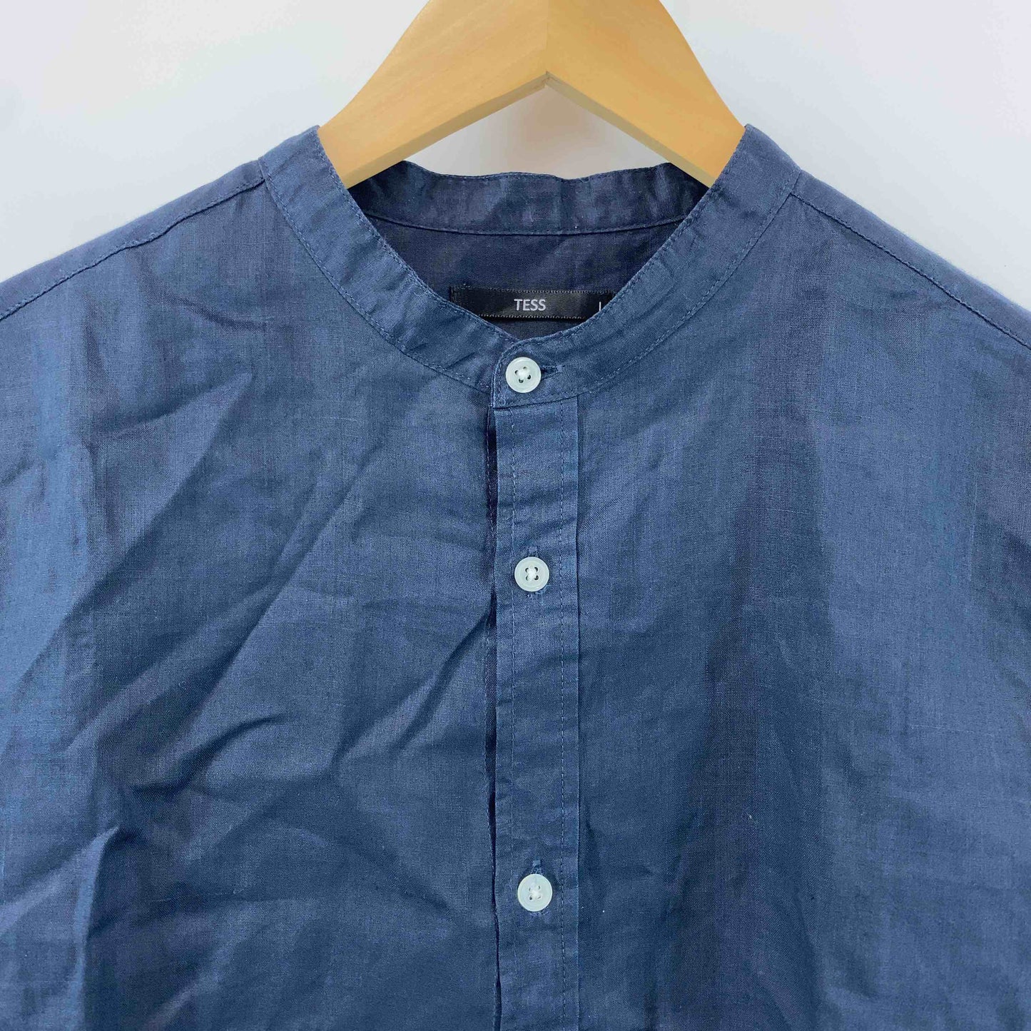 TESS レディース 長袖シャツ　ブラウス　麻100％　スタンドカラー　ネイビー