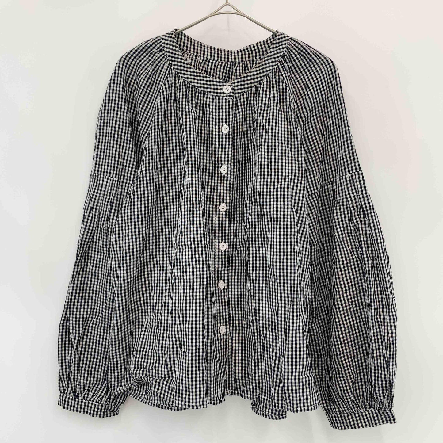 レディース 長袖シャツ　ブラウス　ギンガムチェック　ラグランスリーブ　黒