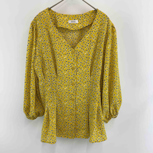 LOWRYS FARM ローリーズファーム レディース 長袖シャツ 花柄 イエロー ノーカラー 袖ゴム ブラウス