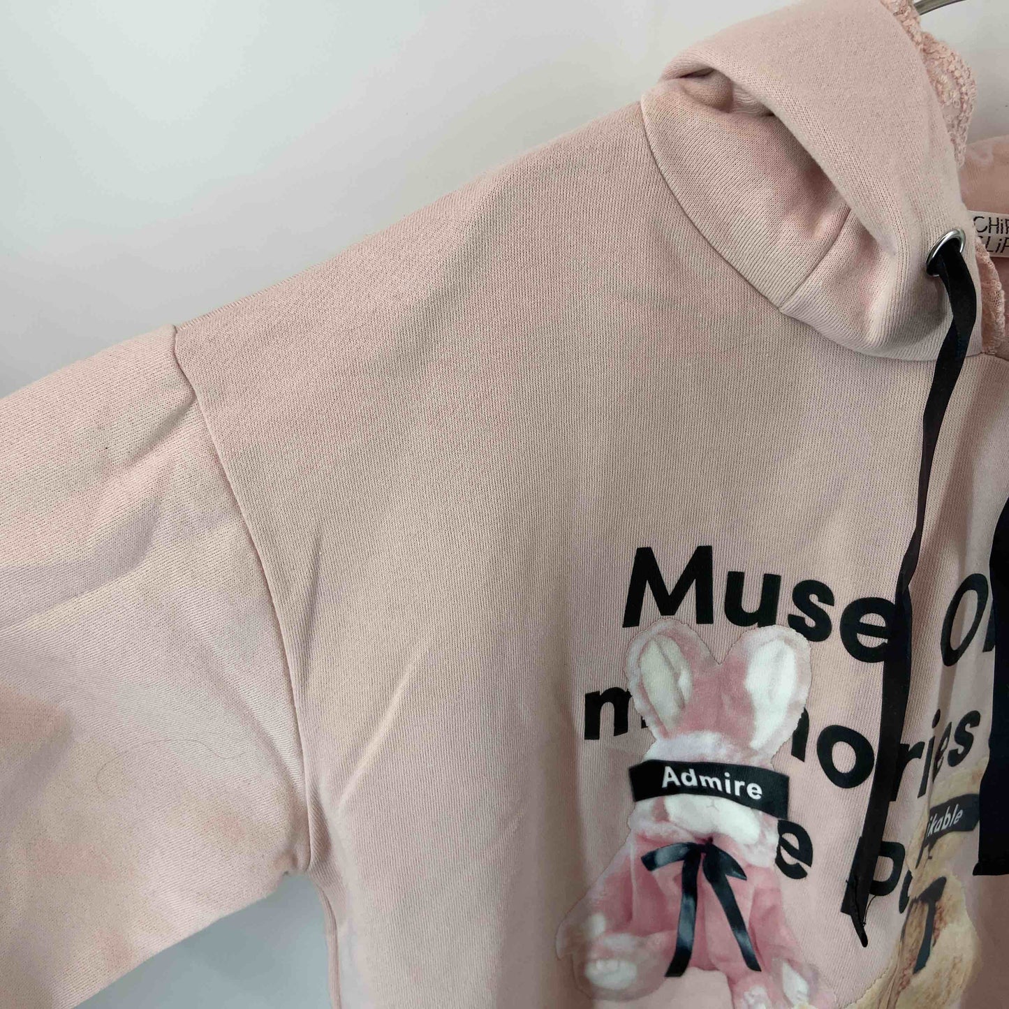 CHIP CLIP  レディース 長袖ワンピース テディベア・ラビットプリント うさ耳付きフード レース リボン パーカー ピンク 裏起毛