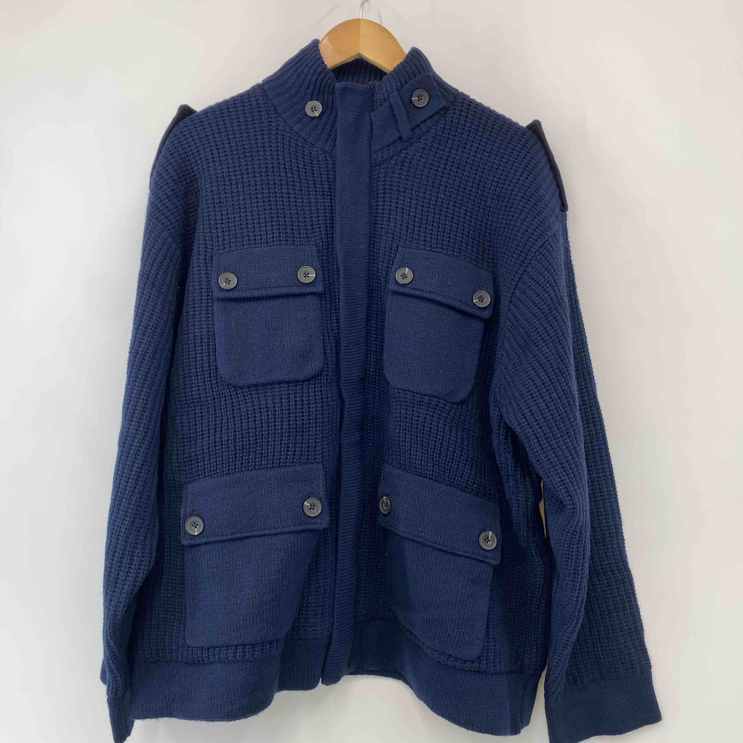 caribou メンズニットジャケット ミリタリージャケット 裏フリース ハイネック ネイビー 畦編み