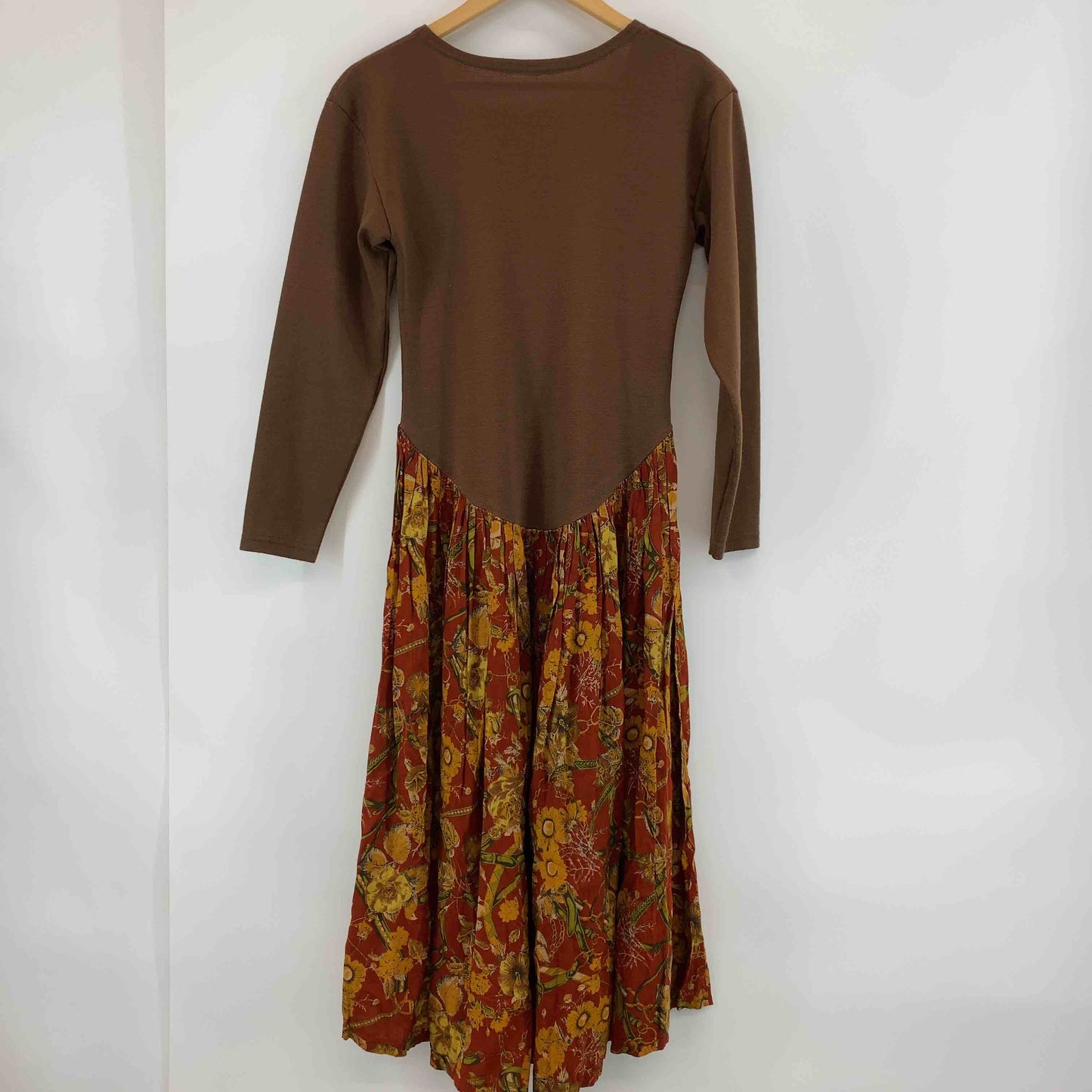 Frac emme 茶色　赤　花柄　ドッキングワンピ　イタリア製　  レディース 長袖ワンピース　ロング丈