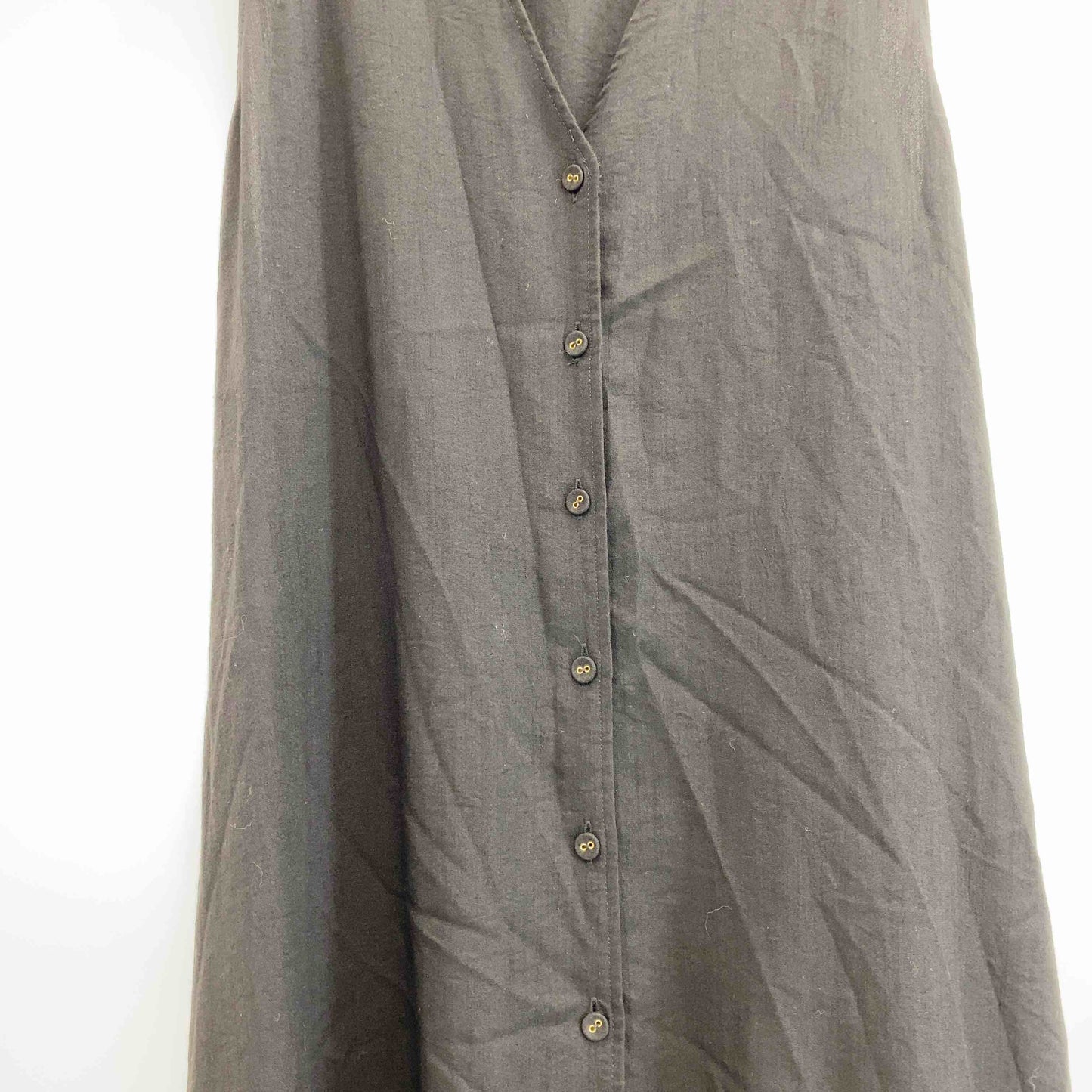 レディース ノースリーブワンピース ブラック 前開きワンピース ウエストリボン 麻調