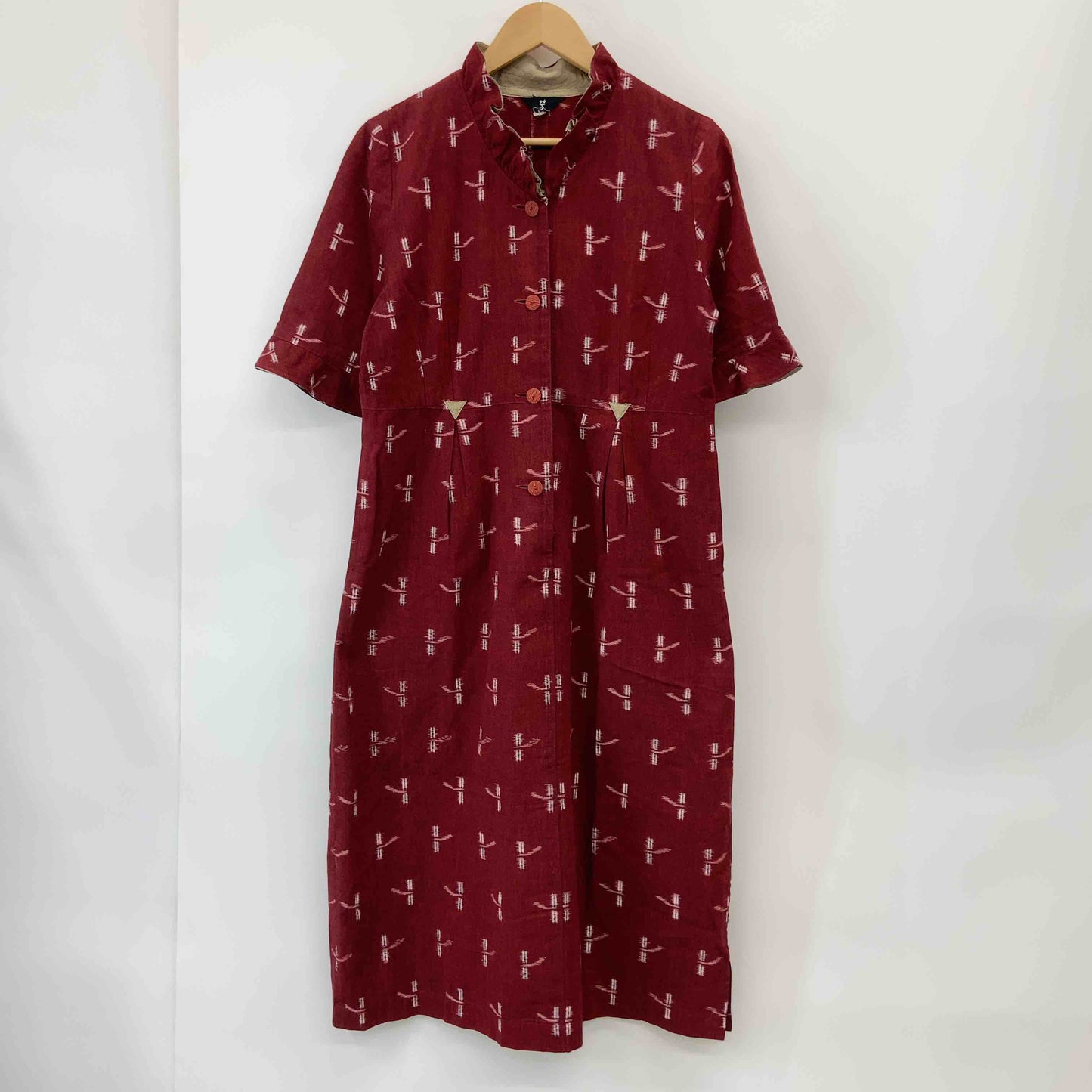 レディース 五分袖ワンピース ロングワンピース 絣(かすり)模様 赤