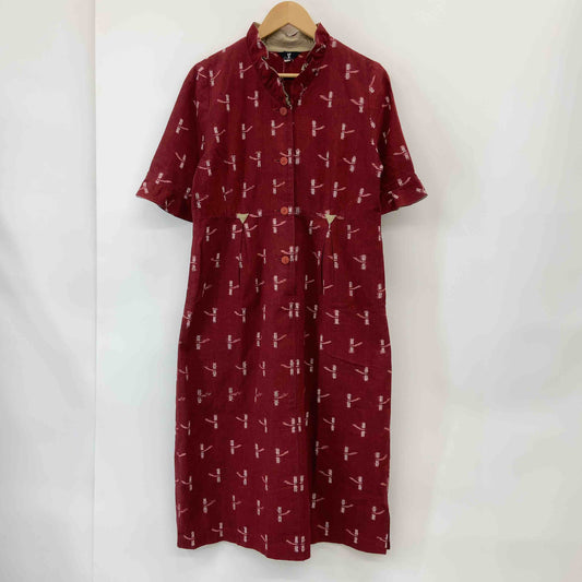 レディース 五分袖ワンピース ロングワンピース 絣(かすり)模様 赤