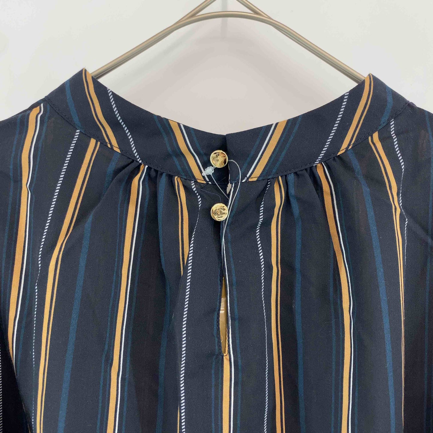 レディース 長袖シャツ/ブラウス ストライプ柄 紺 スタンドカラー
