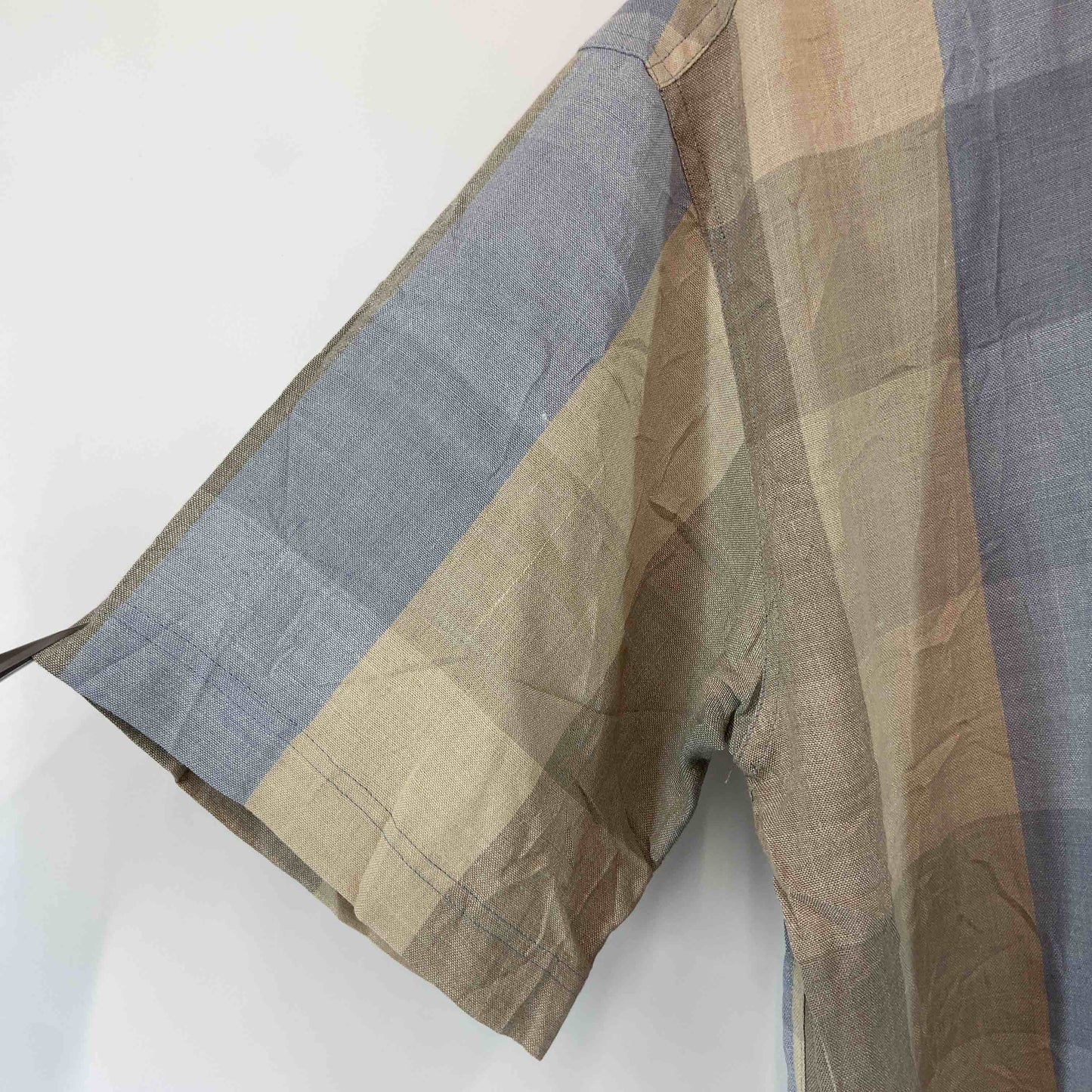 GOOUCH グーチ メンズ 半袖シャツ　シルク・リネン混　チェック　ボタンダウン　ブルー