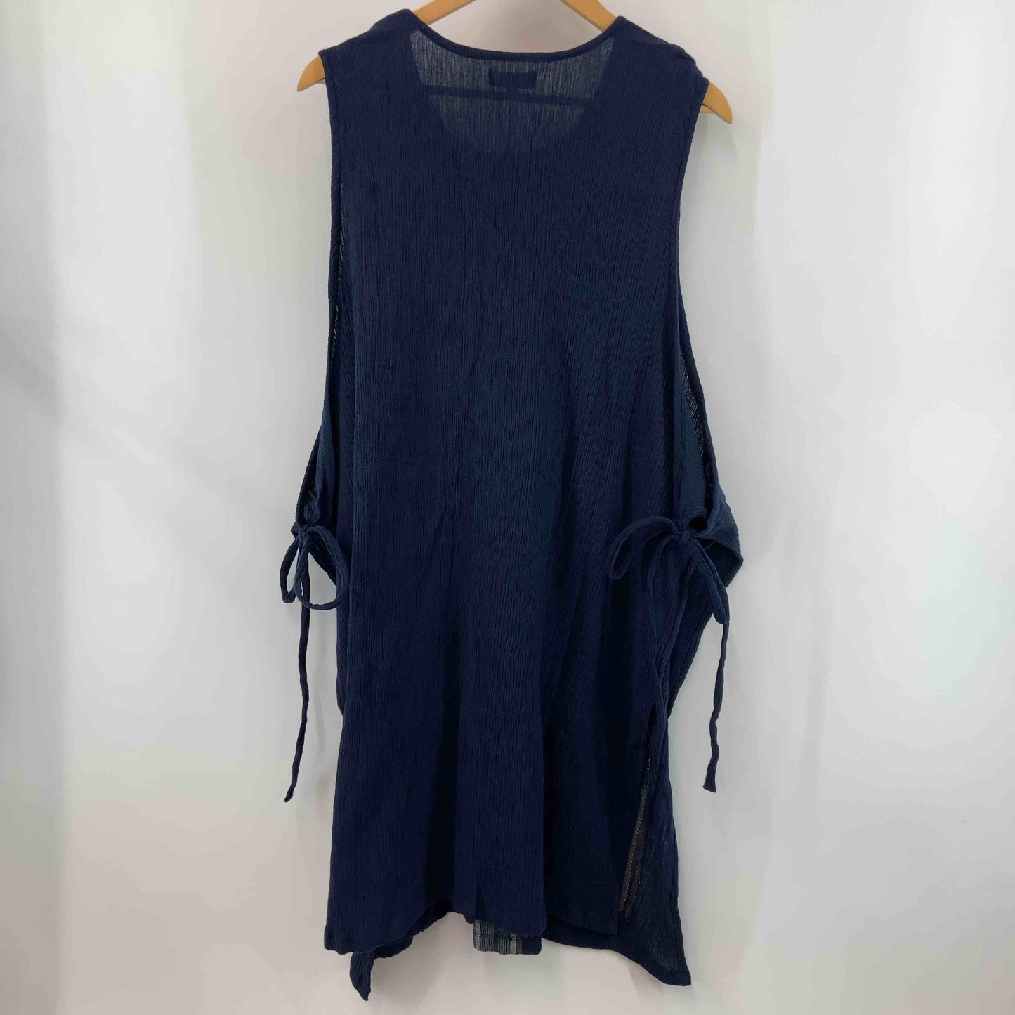 手織り レディース ベスト ジレ　サイドリボン　藍色