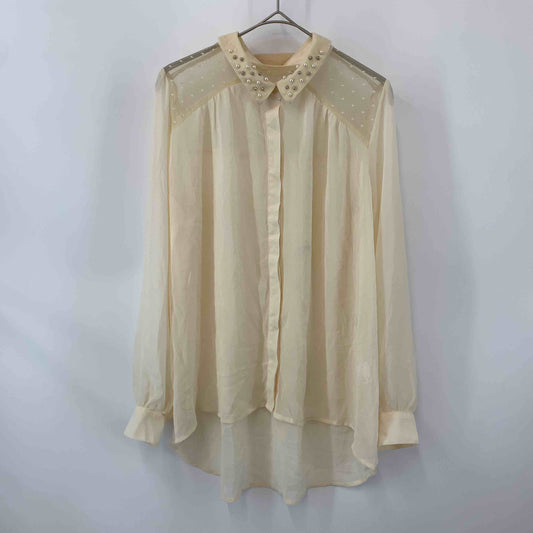 レディース 長袖 シフォンブラウス ベージュ 襟ビジュー チュールレース