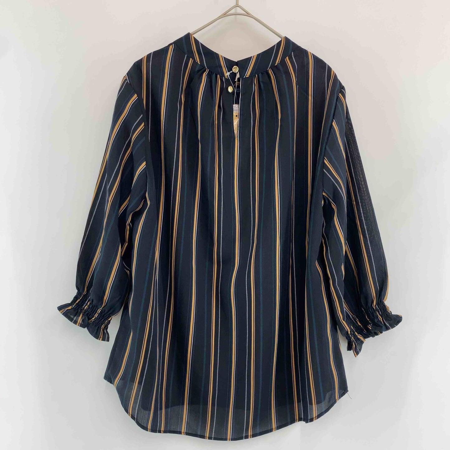 レディース 長袖シャツ/ブラウス ストライプ柄 紺 スタンドカラー