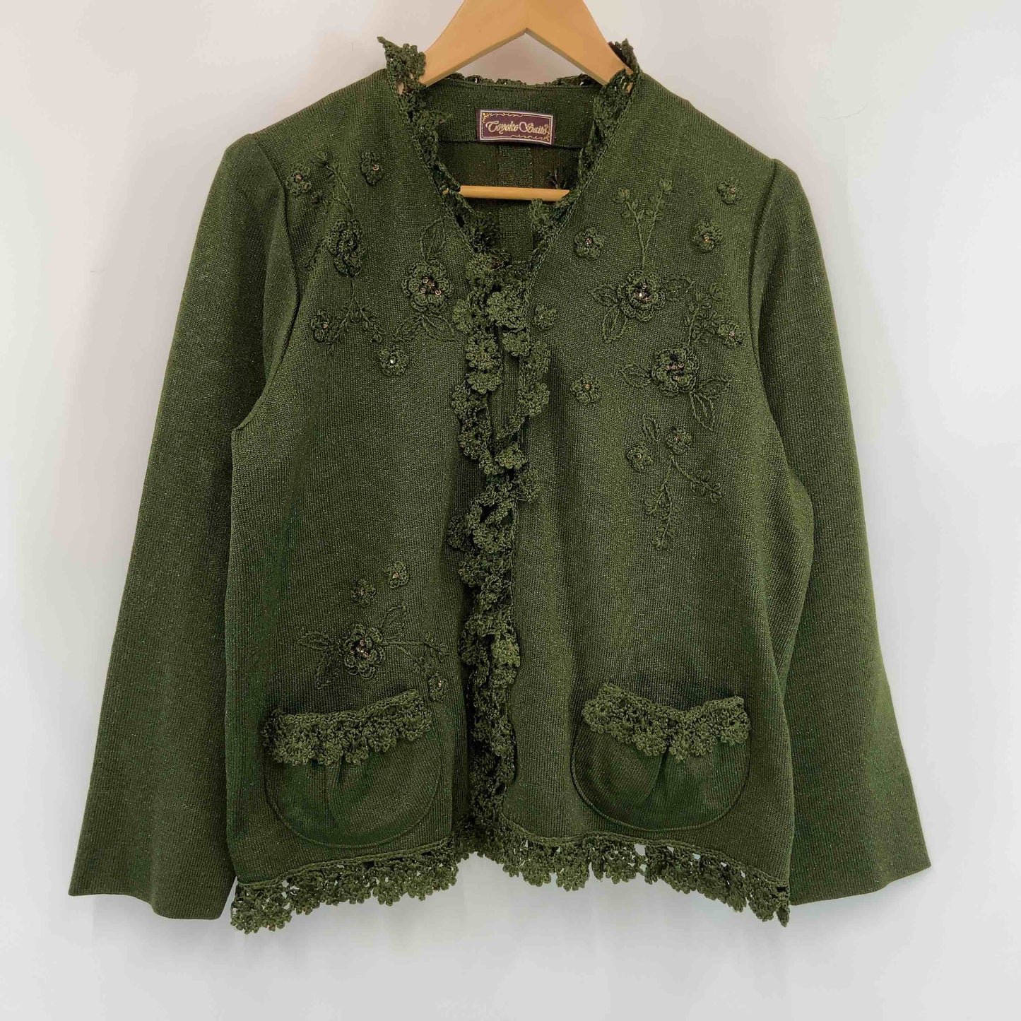 斎藤都世子 サイトウ トヨコ レディース カーディガン グリーン 花柄 Vネック