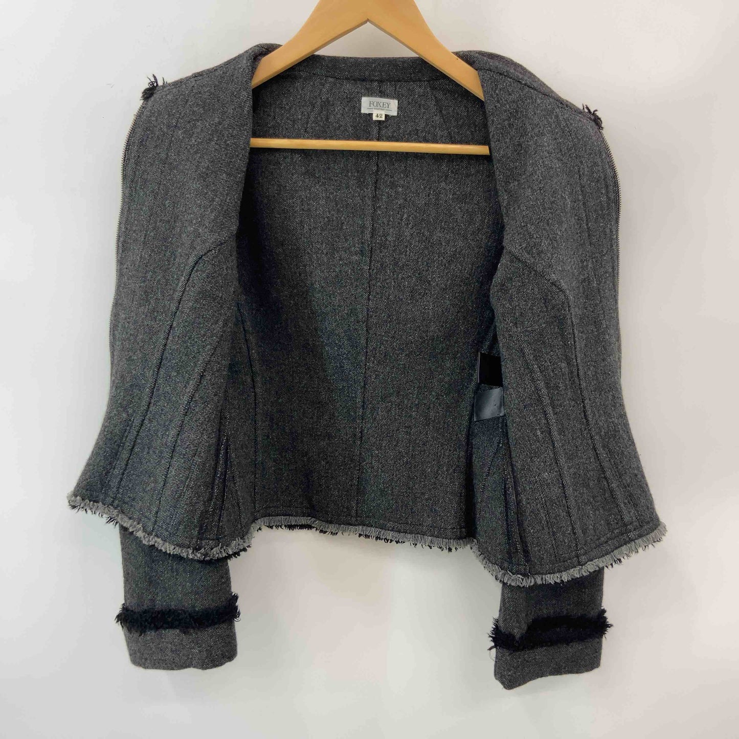 FOXEY (NEWYORK) フォクシーニューヨーク レディース ステンカラージャケット ウール混 チャコールグレー フリンジ フルジップ