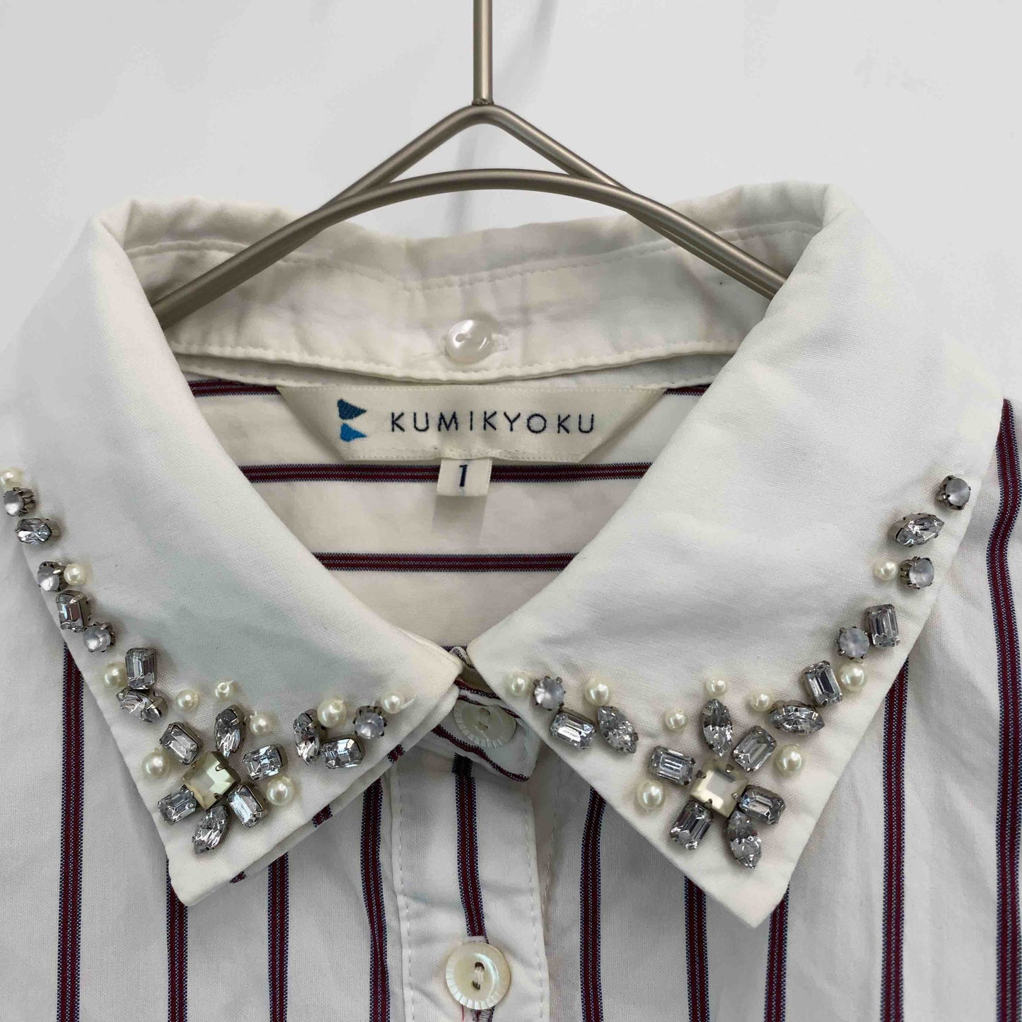 組曲　 クミキョク　ストライブ　白　ホワイト　襟付き　ビジュー　サイズ1　 レディース 長袖シャツ/ブラウス