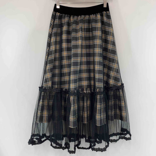 レディース ロングスカート チュール 黒 チェック ウエスト総ゴム