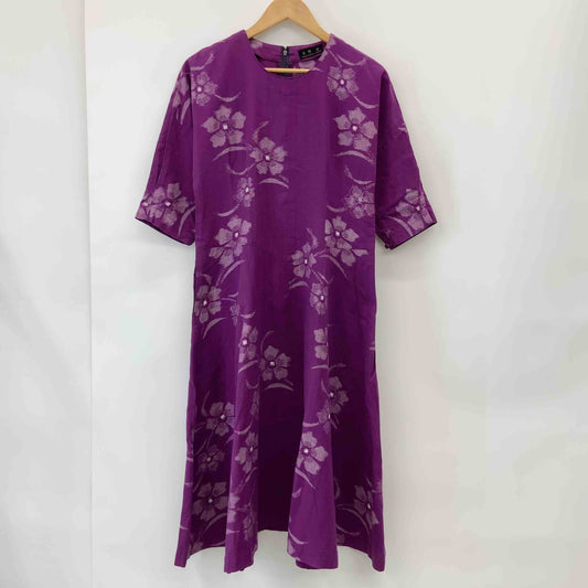 草野栄 レディース ひざ下丈ワンピース 長袖ワンピース 七分袖 絣(かすり)模様 紫 パープル