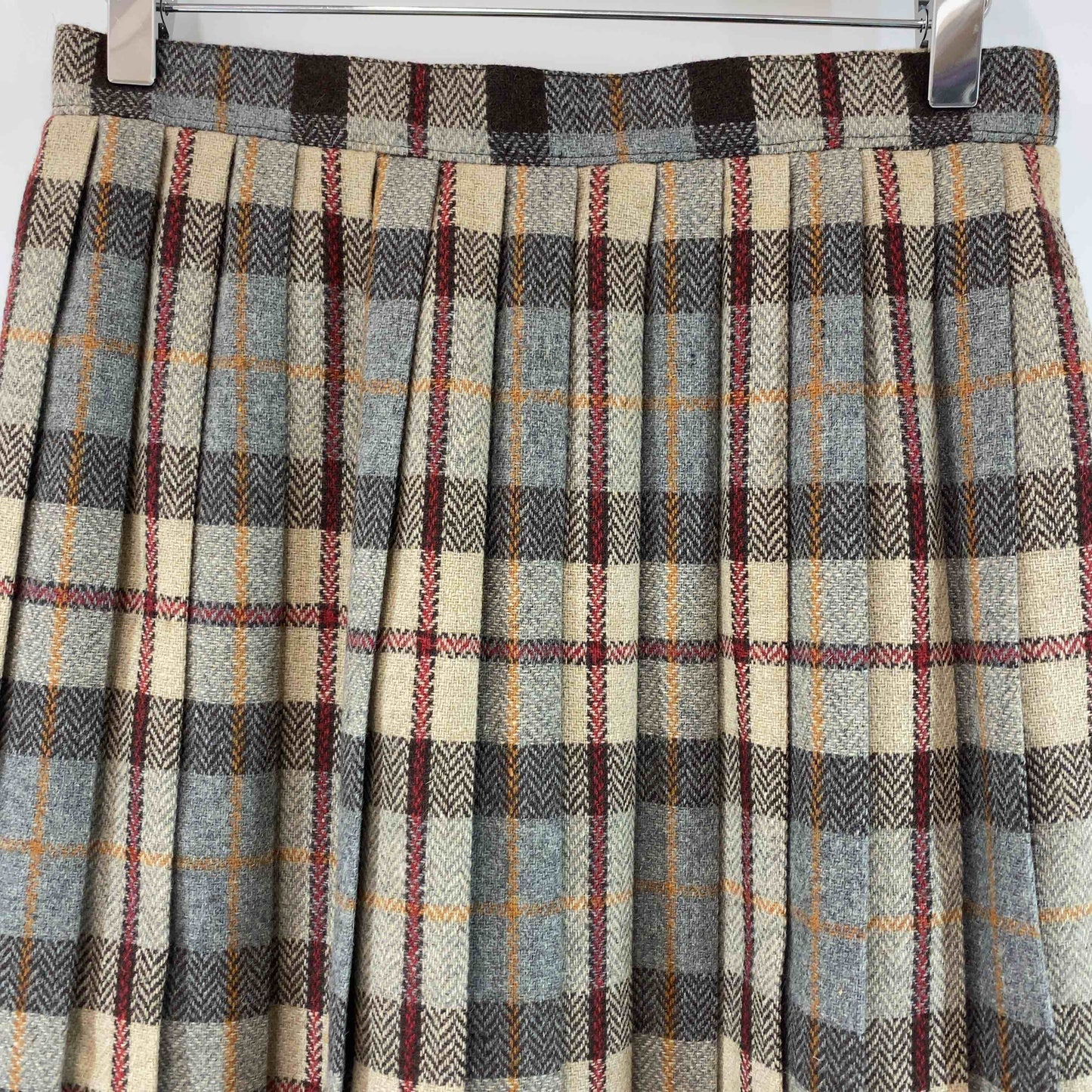 レディース ひざ丈スカート　プリーツ　チェック　ヘリンボーン　ブラウン