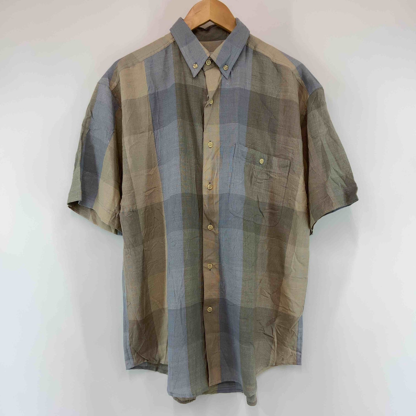 GOOUCH グーチ メンズ 半袖シャツ　シルク・リネン混　チェック　ボタンダウン　ブルー