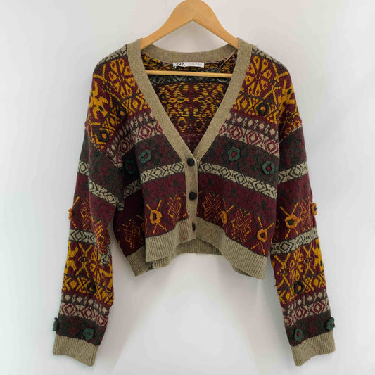 ZARA ザラ レディース カーディガン 編み込み柄 モチーフ Vカーデ ベージュ