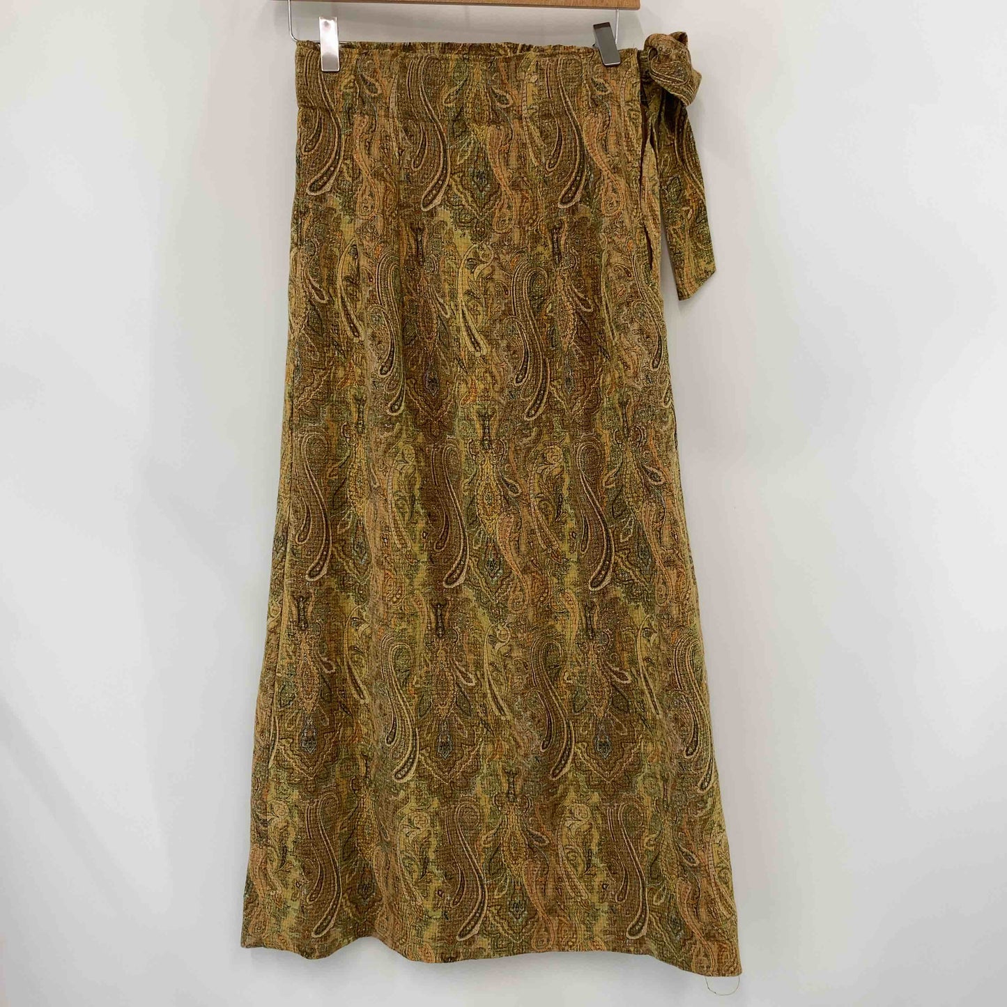 レディース ロングスカート ペイズリー柄 キャメル系 ウエストリボン