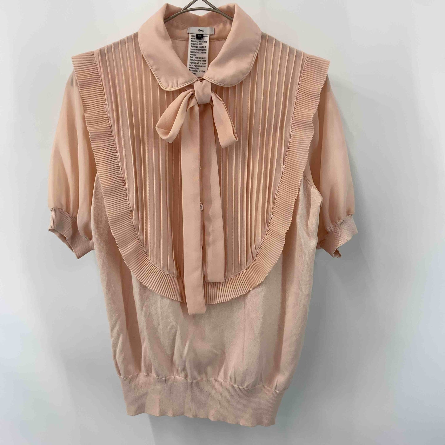 Sov. ソブ レディース 半袖ニット　ブラウス　リボン　フリル　ピンク