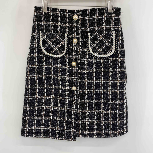 レディース ひざ丈スカート ツィード タイトスカート ブラック パールボタン