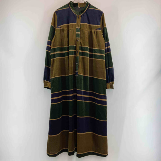 レディース 長袖ワンピース ロングワンピース スエード調 スタンドカラー グリーン×ネイビー×オーカー