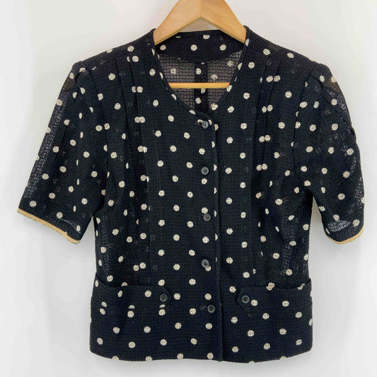 レディース ノーカラージャケット　半袖ブラウス　ポケット　水玉　黒