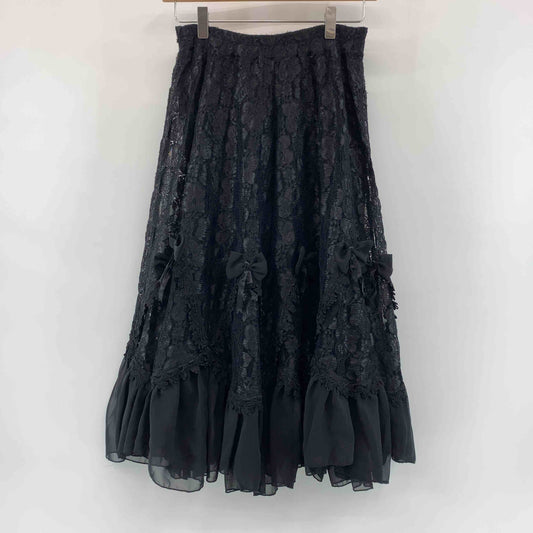 レディース ロングスカート　レース素材　リボン　ブラック