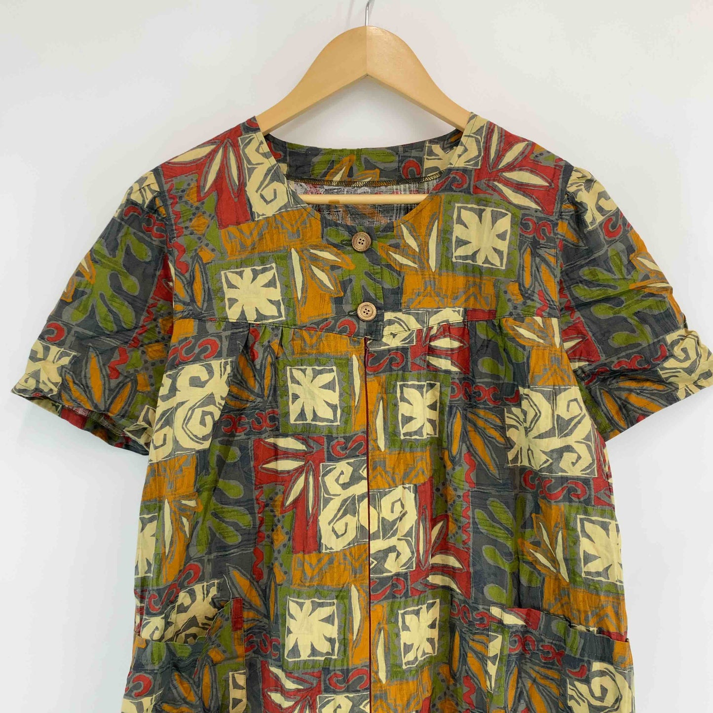 レディース 半袖　ロングワンピース　総柄　ポケット　ジップアップ