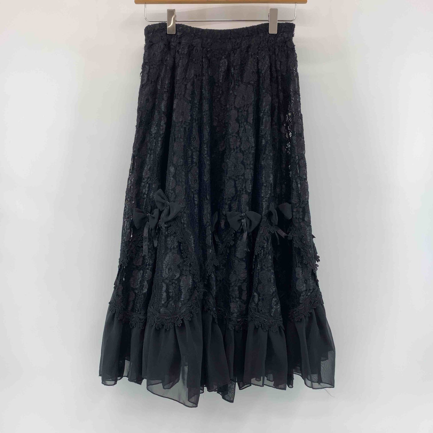 レディース ロングスカート　レース素材　リボン　ブラック