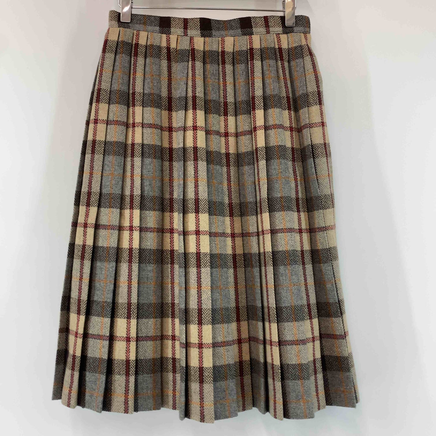 レディース ひざ丈スカート　プリーツ　チェック　ヘリンボーン　ブラウン