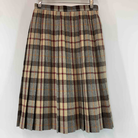 レディース ひざ丈スカート　プリーツ　チェック　ヘリンボーン　ブラウン