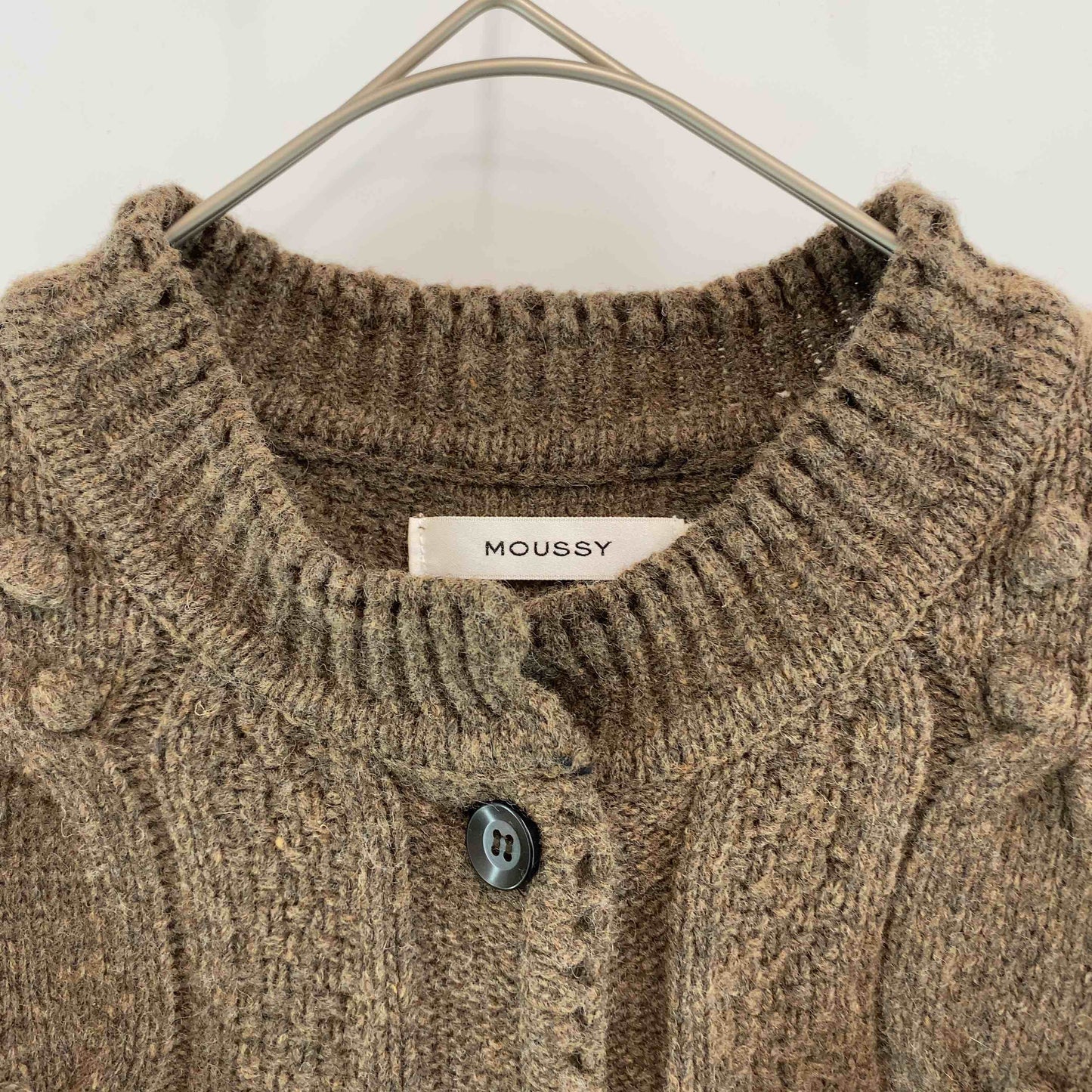 MOUSSY マウジー レディース カーディガン　ウール混　ケーブル編み　かぎ編み　花　ブラウン