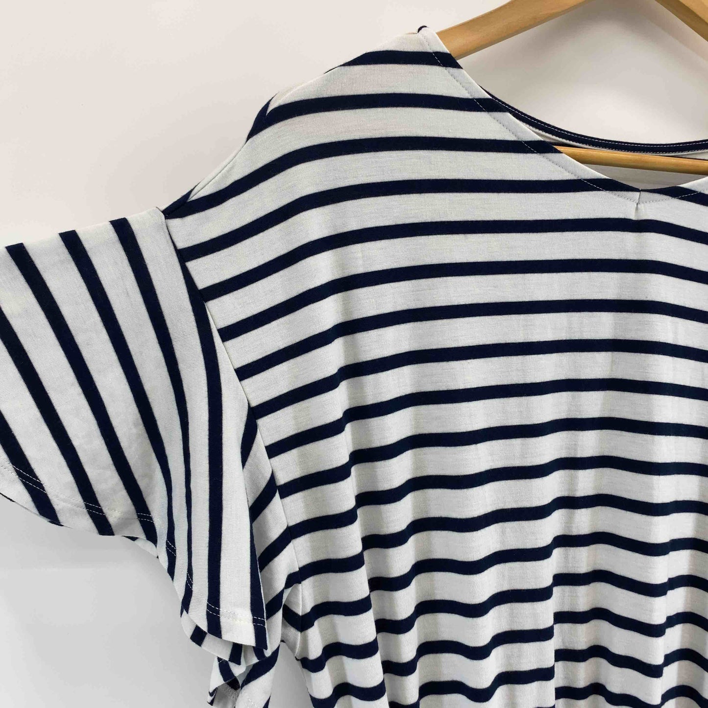 natural couture ナチュラルクチュール レディース ベルト付き ボーダー柄 ドッキングワンピ パープル フレアスカート 半袖ワンピース