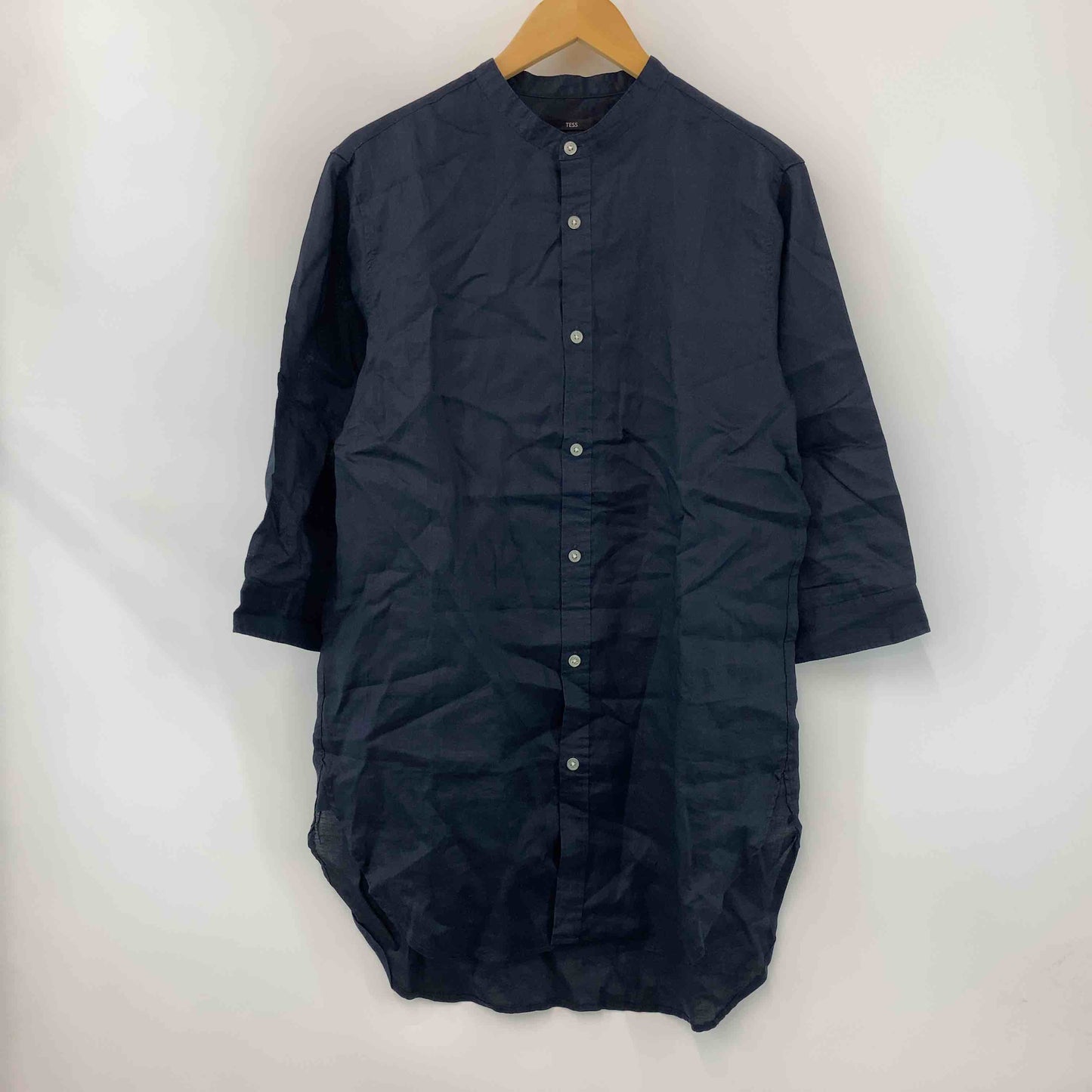 TESS レディース 長袖シャツ　ブラウス　麻100％　スタンドカラー　ネイビー