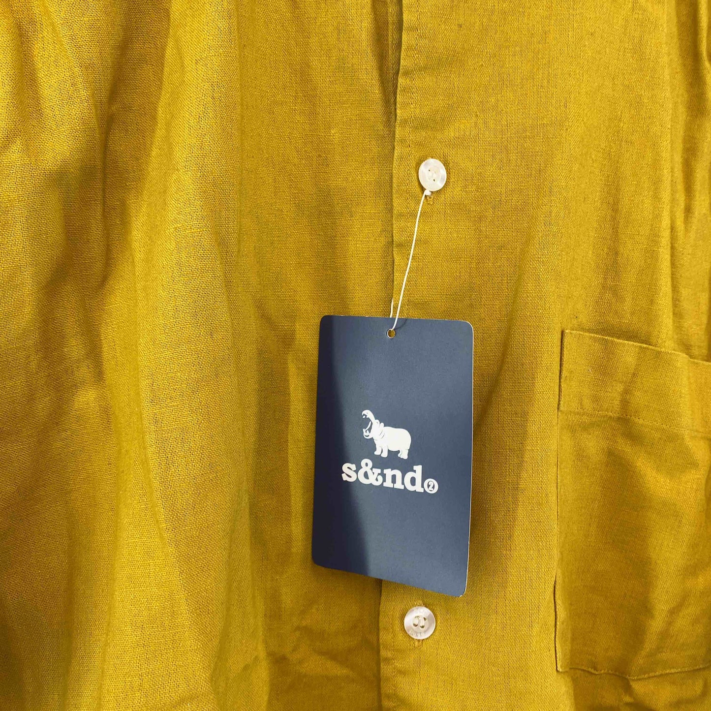 s&nd セカンド メンズ 長袖シャツ マスタードイエロー ノーカラーシャツ  ワンポイントロゴ