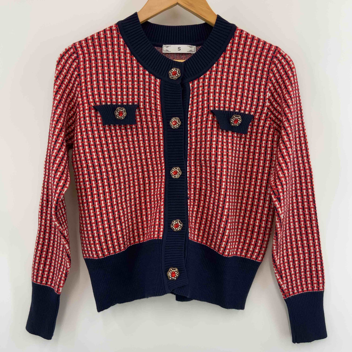 レディース ニット　カーディガン　装飾　赤　S