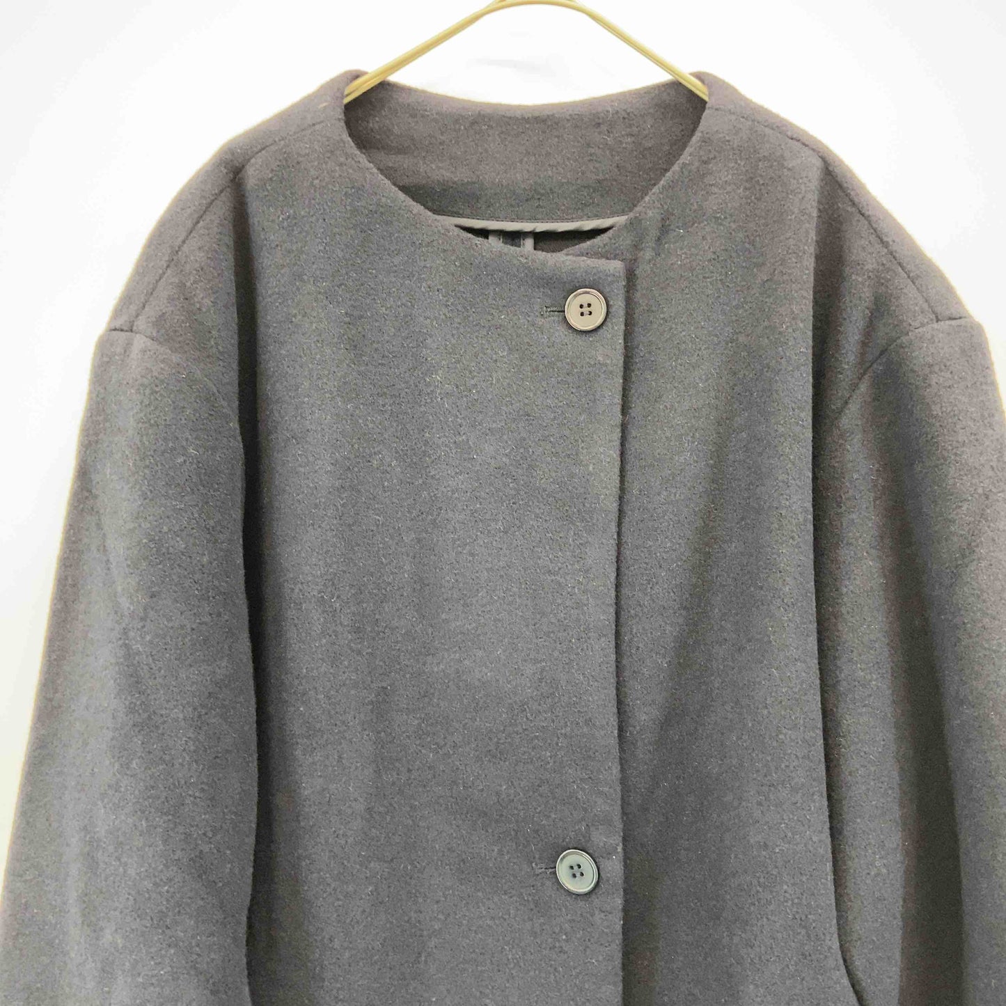 レディース ノーカラージャケット ロングコート ネイビー