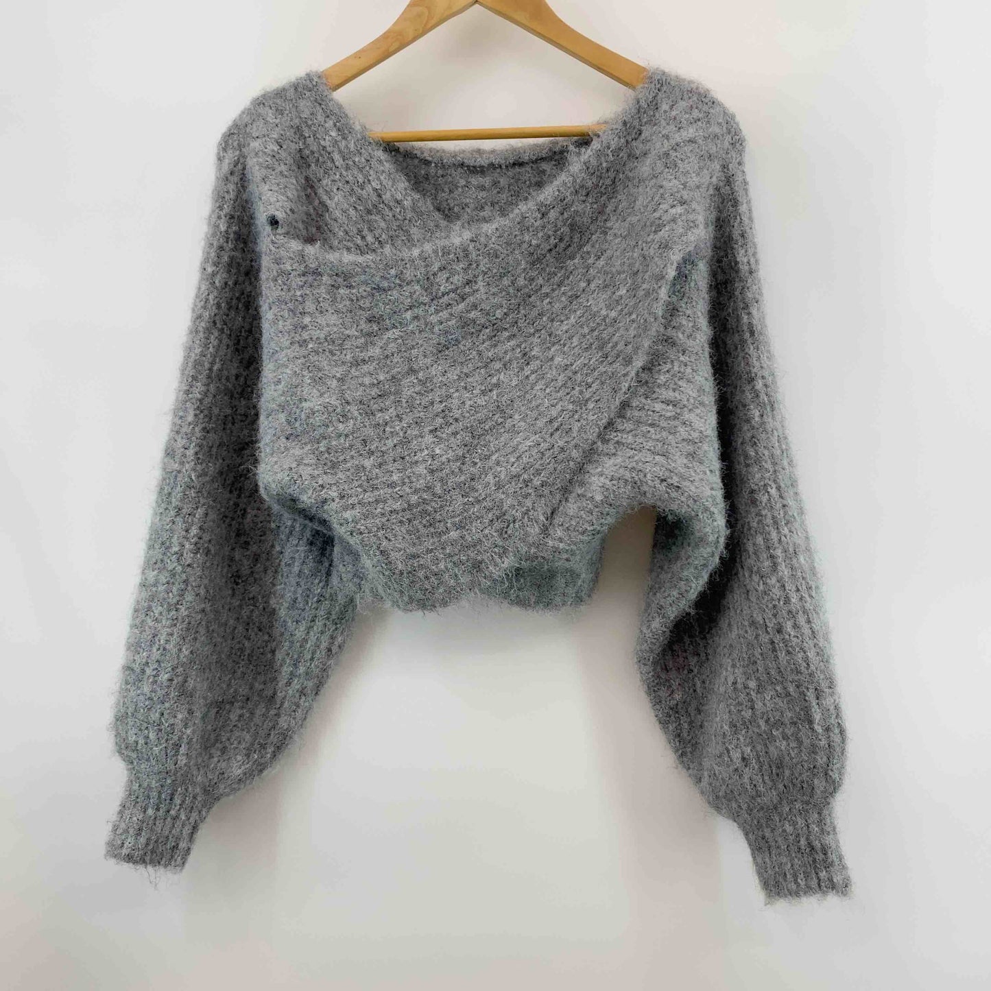 レディース ニット グレー ショート丈 カシュクール風