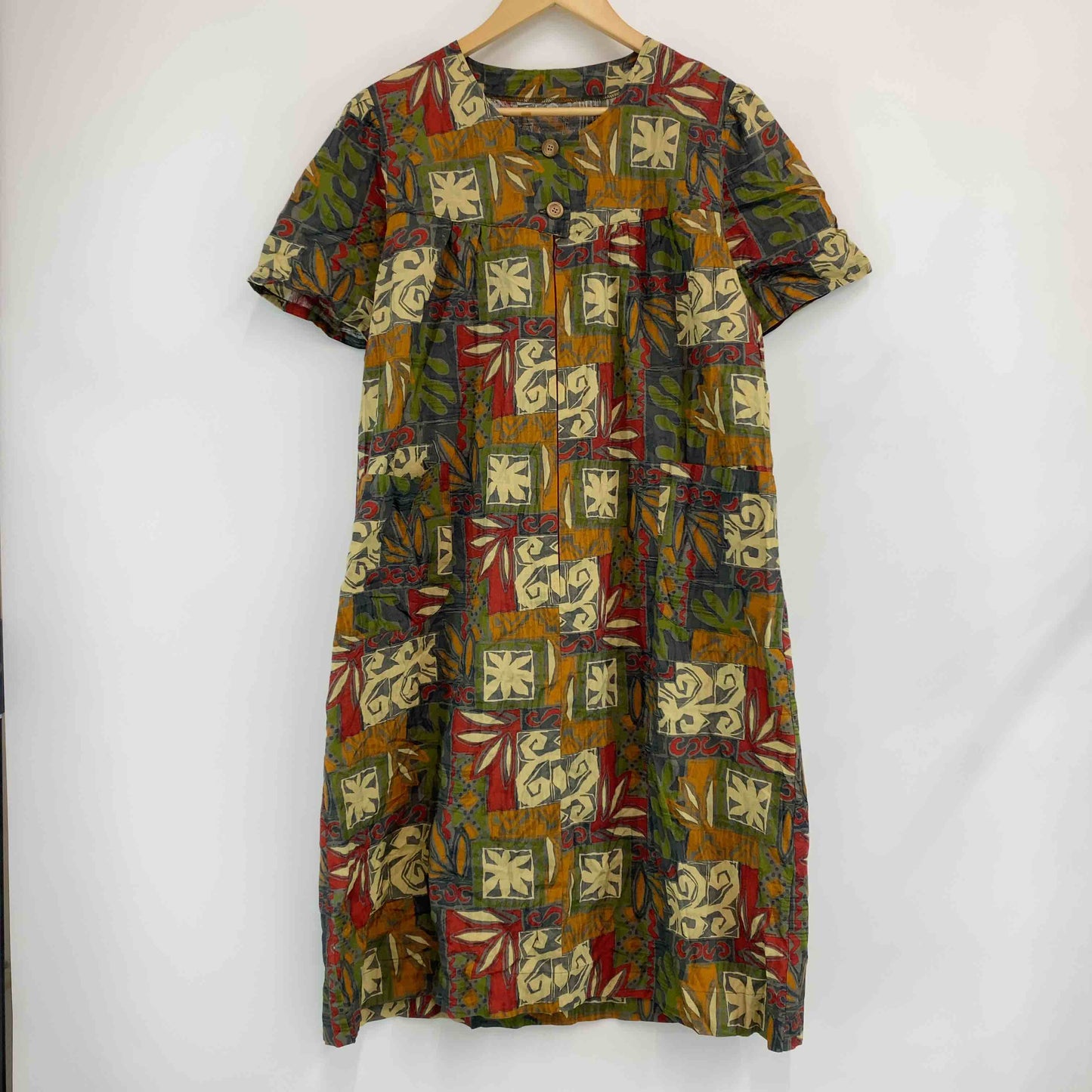 レディース 半袖　ロングワンピース　総柄　ポケット　ジップアップ