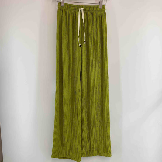 レディース カジュアルパンツ 韓国服 ワッシャープリーツ ウエストゴム イエローグリーン