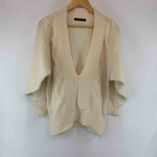 伊太利屋 レディース  Vネック ニット ケーブル編み セーター 毛混